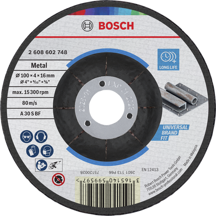 Bosch metal grinding disc 100 x 4 x 16 mm for universal fit.