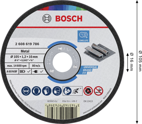 Bosch metal cutting disc 105 x 1.2 x 16 mm.