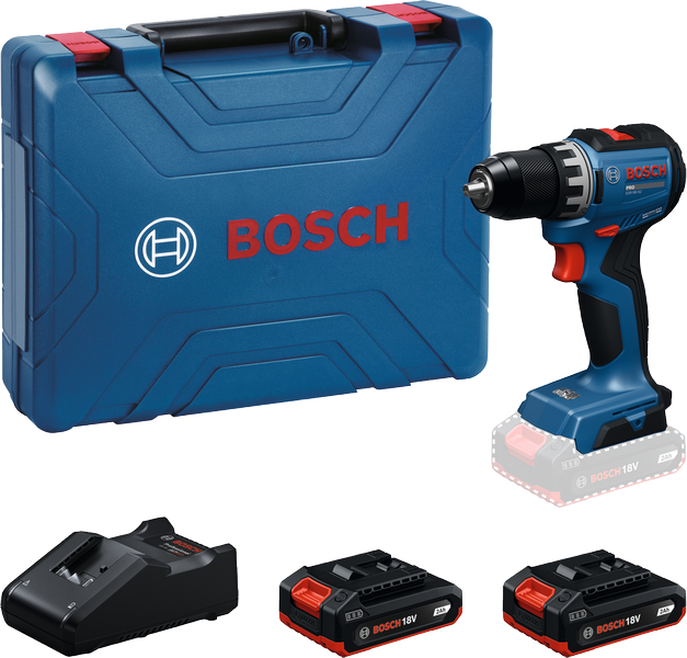 Bosch GSR18V-52 cordless drill set with case and batteries.