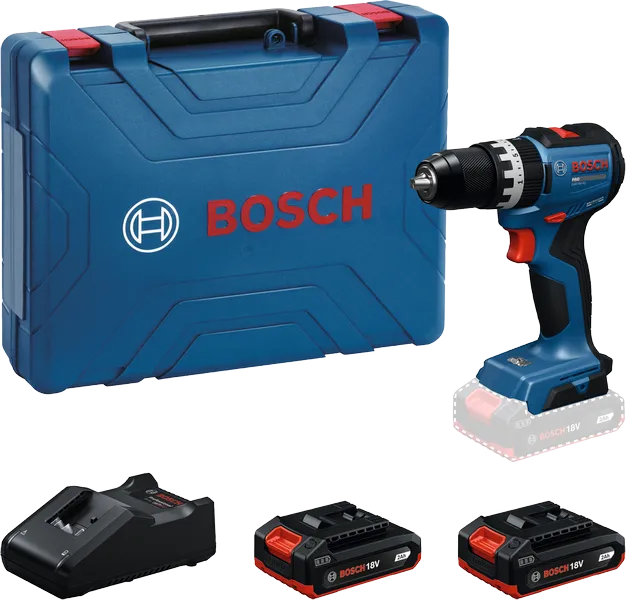 Bosch GSB 18V-52 cordless drill set with two batteries.