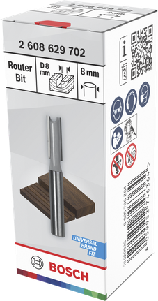 Bosch router bit straight two flutes 8 mm shank.