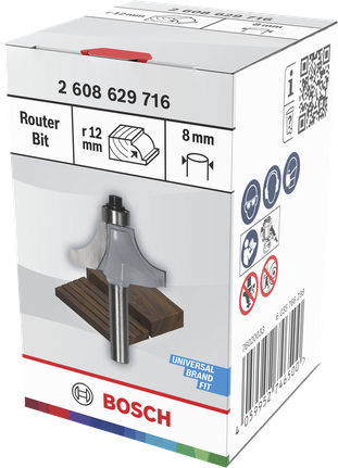 Bosch router bit ovolo with ball bearing, 12 mm radius.