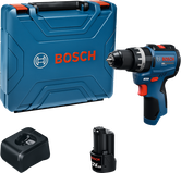 Bosch GSB 12V-31 cordless drill set with case, battery, and charger.