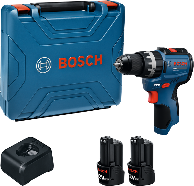 Bosch GSB 12V-31 cordless drill set with case and batteries.