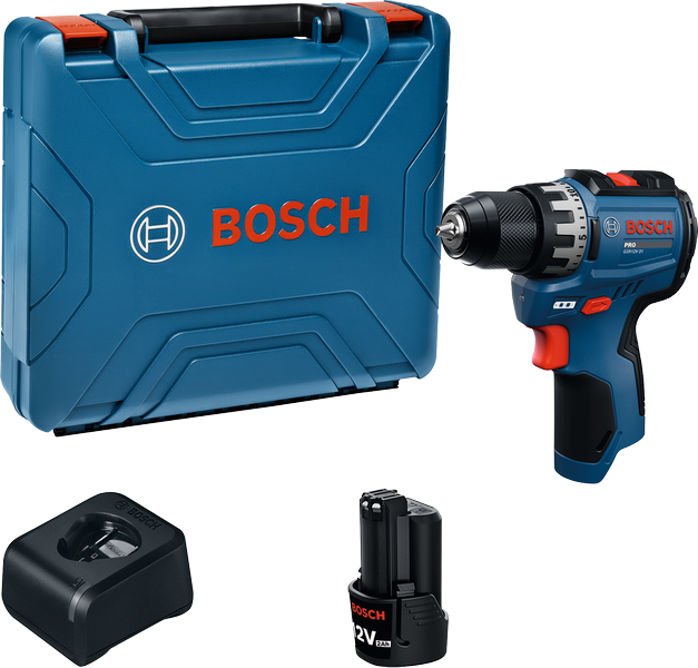 Bosch GSR12V-31 cordless drill set with battery, charger, and case.