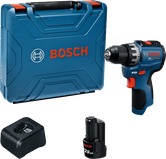 Bosch GSR12V-31 cordless drill set with battery, charger, and case.