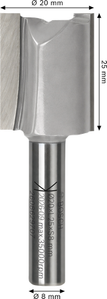 Bosch straight router bit two flutes 20x25 mm shank 8 mm.