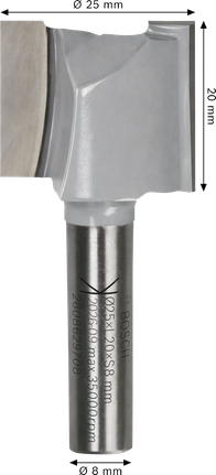 Bosch straight router bit two flutes 25x20 mm shank 8 mm.