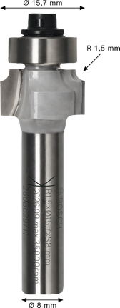 Bosch router bit rounding over R1.5 x Ø16 shank 8 mm.