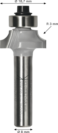 Bosch router bit rounding over R3 x 19 mm with 8 mm shank.