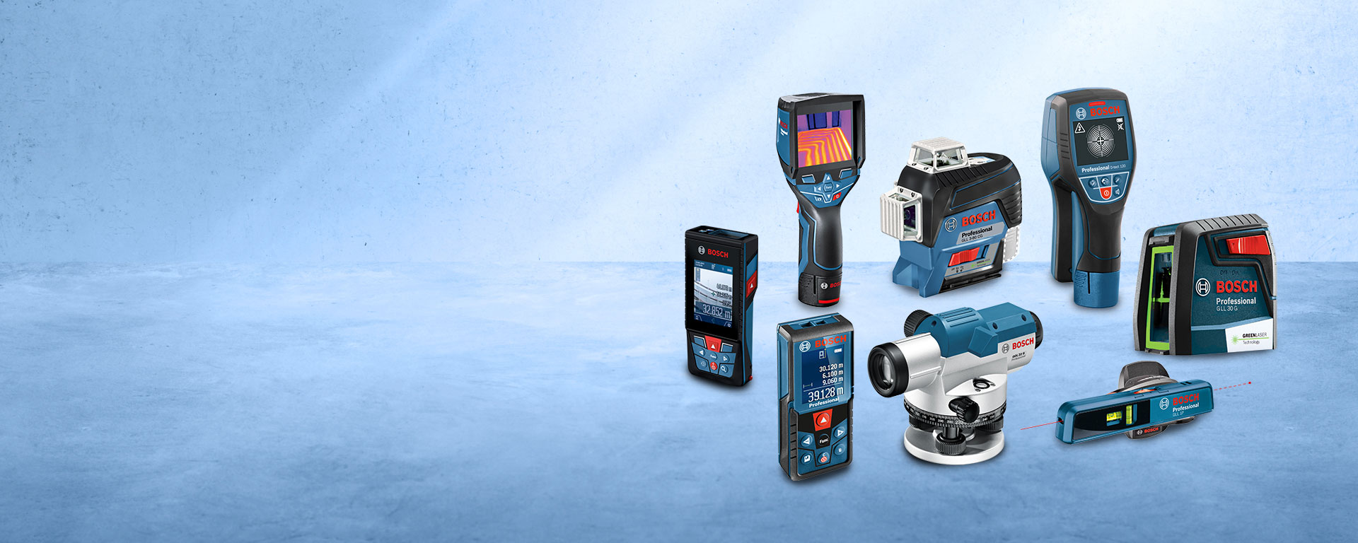 Various Bosch Professional tools on a light blue background, showcasing their features.