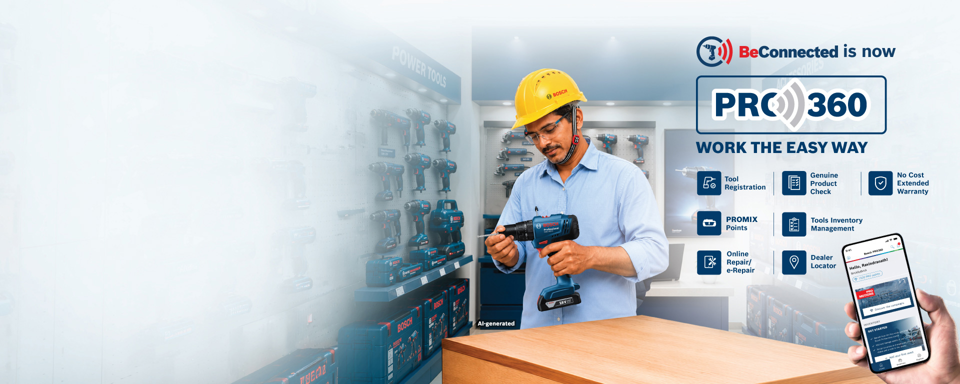A man wearing a yellow hard hat and blue shirt holds a Bosch Professional tool, smiling. Tools are displayed on a wall behind him, with a wooden table in the foreground. The atmosphere is professional and friendly.