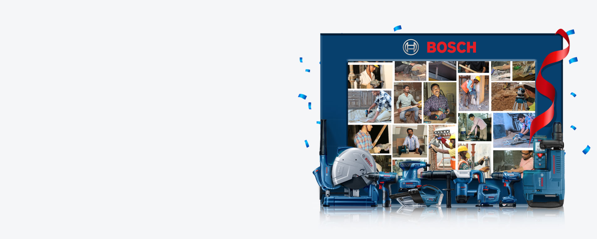 Bosch Professional tools displayed on a blue background with work images.