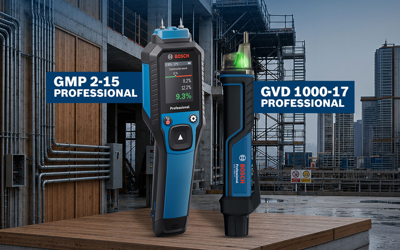 A Bosch Professional GMP 2-15 moisture meter and GVD 1000-17 detector are displayed on a construction site, with buildings in the background.
