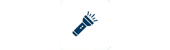 An icon of a blue flashlight with rays of light emanating from the top, set against a white background.