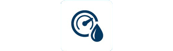 A blue gauge icon with a droplet, representing pressure measurement in fluid systems.