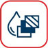 An icon featuring a water drop beside layered squares with various patterns, in blue and red colors.