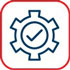 An icon featuring a blue checkmark inside a gear shape, outlined in navy blue, on a white background with a red border.
