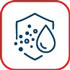 An icon featuring a shield with circles representing particles and a droplet, colored in blue and outlined in red.