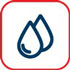 A blue and white icon depicting two water droplets, enclosed in a red square border.