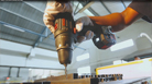 A Bosch Professional drill is used to drill into a wooden surface in a workshop.