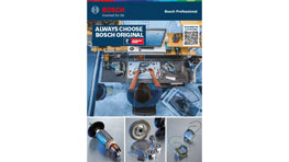A Bosch Professional tool catalog features various tools, a person using a drill, and close-ups of tools.