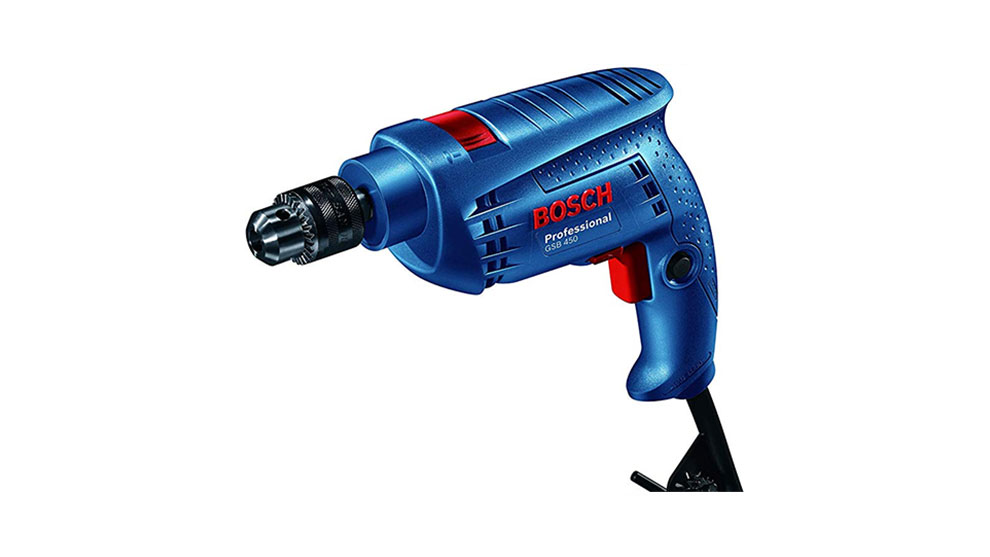 A blue Bosch Professional drill with a black chuck on a white background.