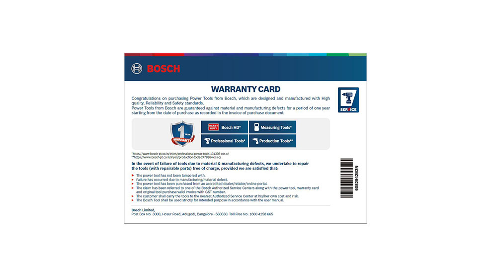 Bosch warranty card for professional power tools, white text on blue background.