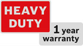 A red 'HEAVY DUTY' label with a gray '1 year warranty' text below it.