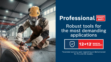 A worker in a helmet uses a Bosch Professional grinder on metal, sparks flying in a workshop.