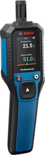جهاز قياس درجة الحرارة والرطوبة Bosch GDH 1-17 يظهر درجة الحرارة والرطوبة.