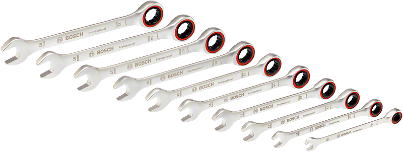 Bosch Ratchet Spanner Set 10 pc, versatile spanner sizes.
