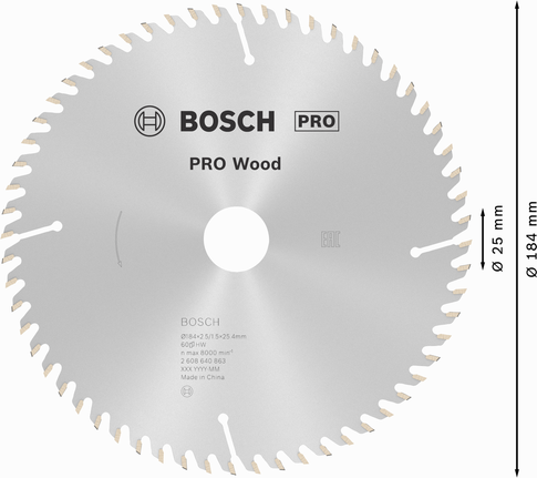 Bosch PRO Wood circular saw blade 184 mm for woodcutting.