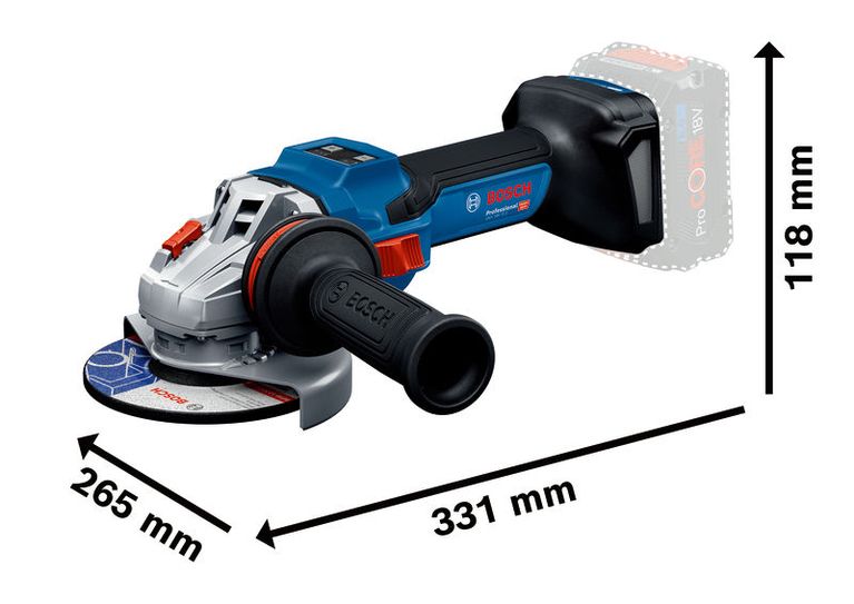 Bosch GWS 18V-15 S cordless angle grinder with side handle.