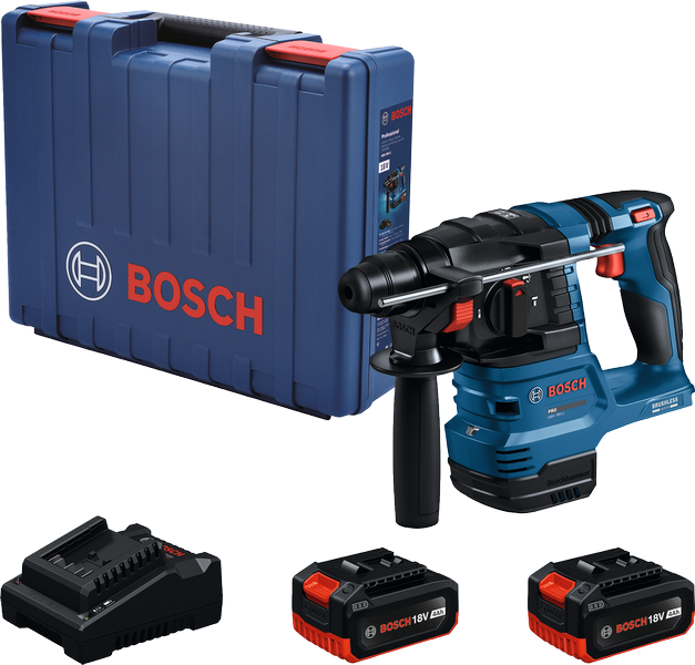Bosch GBH 185-LI cordless rotary hammer with case and batteries.