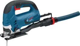 Bosch GST 90 BE jigsaw with dust extraction attachment.
