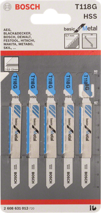 Set di lame per seghetto alternativo Bosch T 118 G per il taglio dei metalli.