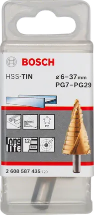 Punta da trapano a gradini Bosch HSS-TiN per fori di diametro compreso tra 6 e 37 mm.