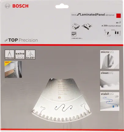 Lama per sega circolare Bosch Top Precision, ideale per pannelli laminati.