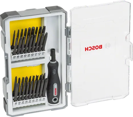 Set di cacciaviti Bosch da 37 pezzi con impugnatura e portainserti.