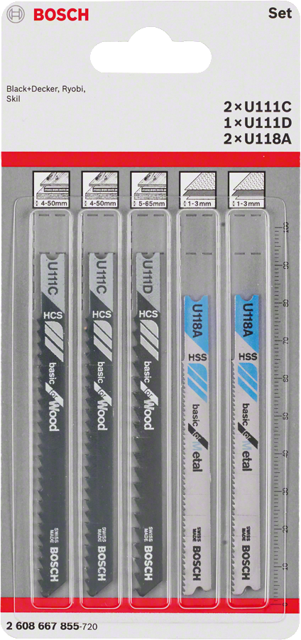 Set di 5 lame per seghetto alternativo Bosch con attacco a U, per legno e metallo.
