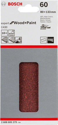 Confezione di fogli abrasivi Bosch C430, 80x133 mm, grana 60.