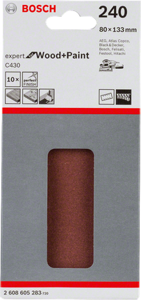 Confezione da 10 fogli abrasivi Bosch C430, 80x133 mm, grana 240.
