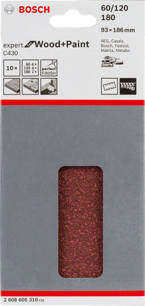 Confezione di fogli abrasivi Bosch C430 per legno e vernice, 93x186 mm.