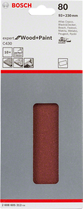 Confezione di fogli abrasivi Bosch C430, grana 80, per legno e vernice.