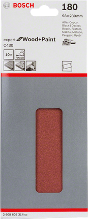 Confezione da 10 fogli abrasivi Bosch C430, 93x230 mm, grana 180.
