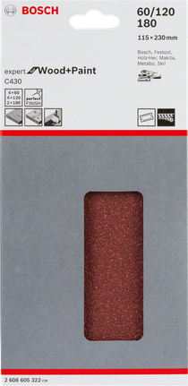 Confezione di fogli abrasivi Bosch C430, 115x230 mm, grane miste.