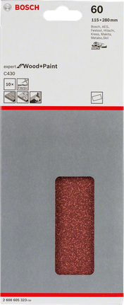 Fogli abrasivi Bosch C430, 115x280 mm, grana 60, confezione da 60 pezzi.