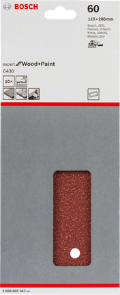Confezione da 10 fogli abrasivi Bosch C430, 115x280 mm, grana 60.