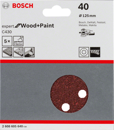 Confezione da 5 fogli abrasivi Bosch C430, 125 mm, grana 40.